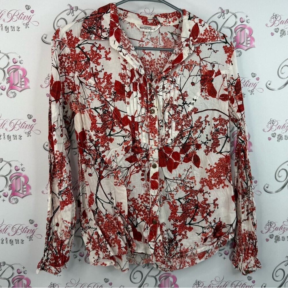 Northern Reflections button up collared flowers Red and White Floral Blouse